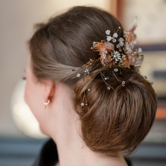 1pcs Crystal Gold Leaf Flower Bridal Barrette Hair main image 4